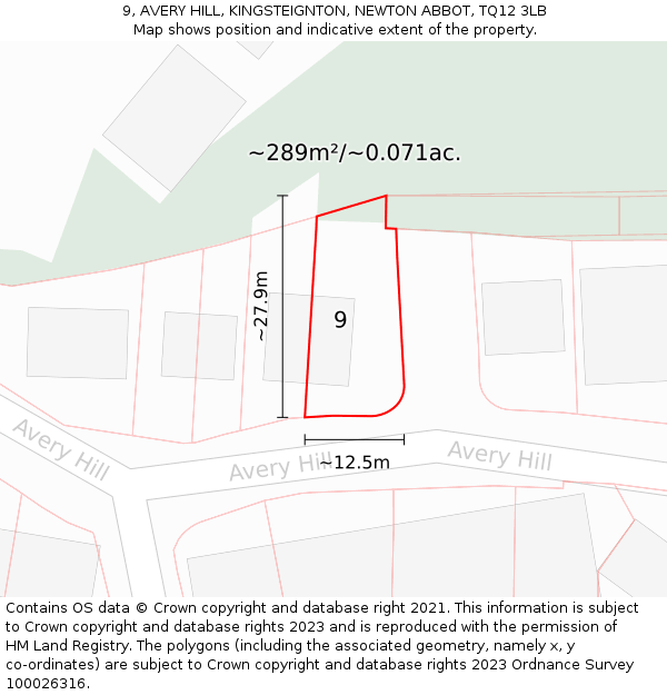 9, AVERY HILL, KINGSTEIGNTON, NEWTON ABBOT, TQ12 3LB: Plot and title map
