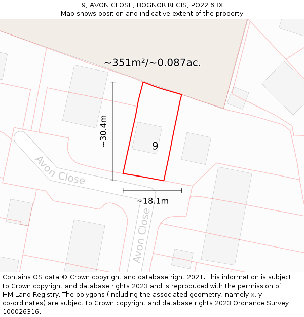 9, AVON CLOSE, BOGNOR REGIS, PO22 6BX: Plot and title map