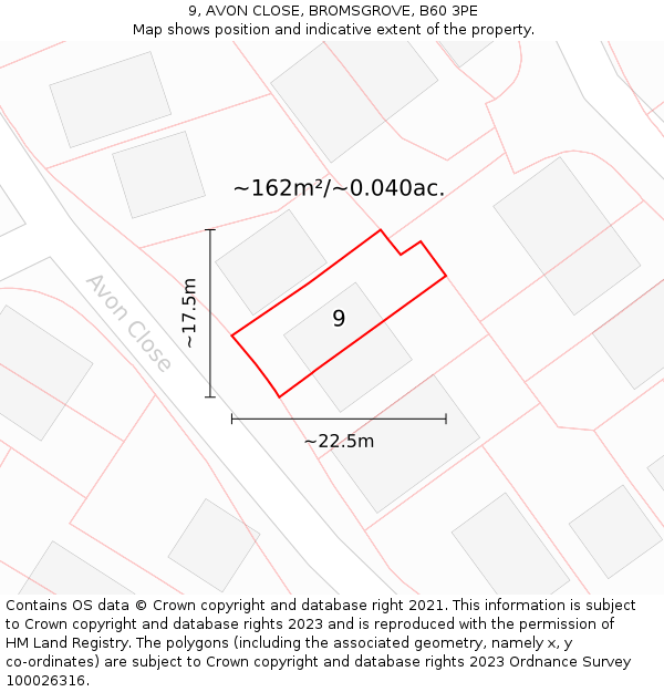 9, AVON CLOSE, BROMSGROVE, B60 3PE: Plot and title map