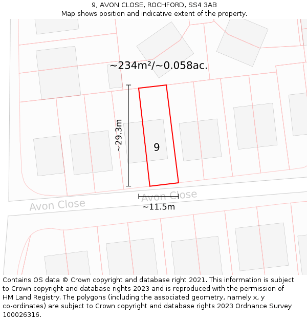 9, AVON CLOSE, ROCHFORD, SS4 3AB: Plot and title map