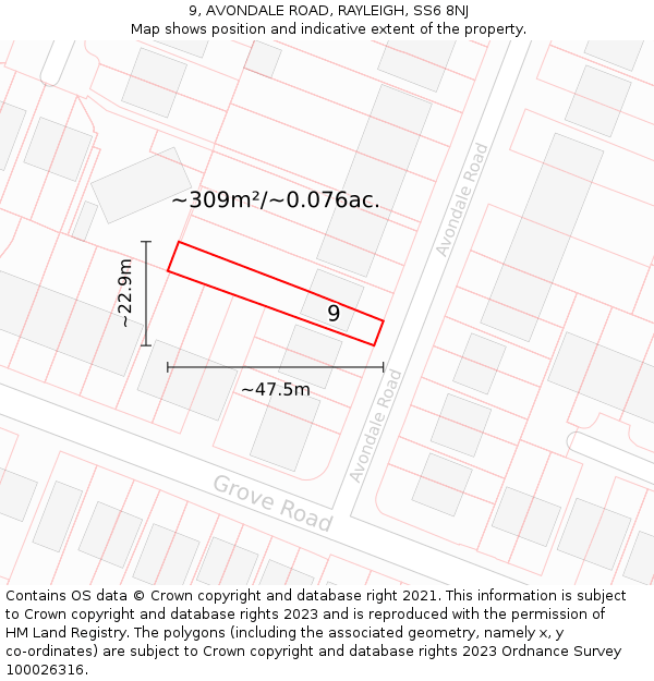9, AVONDALE ROAD, RAYLEIGH, SS6 8NJ: Plot and title map