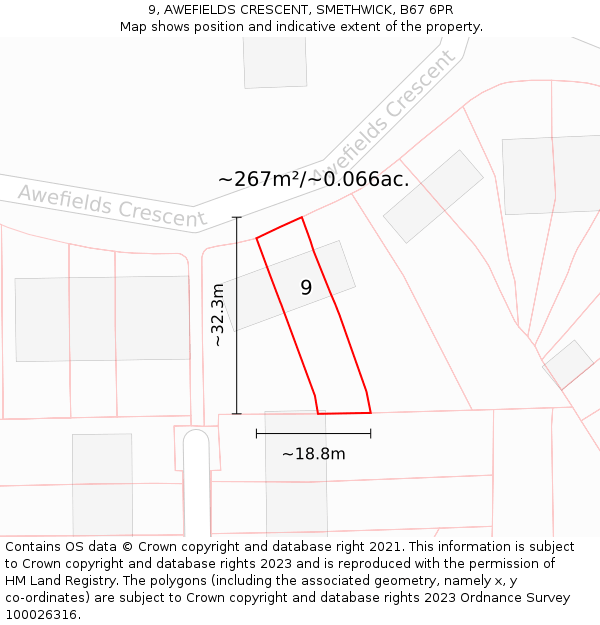9, AWEFIELDS CRESCENT, SMETHWICK, B67 6PR: Plot and title map