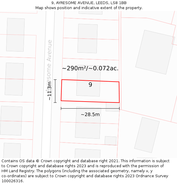 9, AYRESOME AVENUE, LEEDS, LS8 1BB: Plot and title map