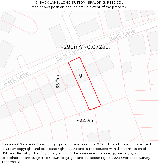 9, BACK LANE, LONG SUTTON, SPALDING, PE12 9DL: Plot and title map