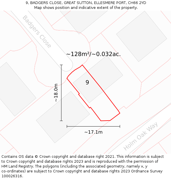 9, BADGERS CLOSE, GREAT SUTTON, ELLESMERE PORT, CH66 2YD: Plot and title map