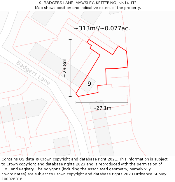 9, BADGERS LANE, MAWSLEY, KETTERING, NN14 1TF: Plot and title map