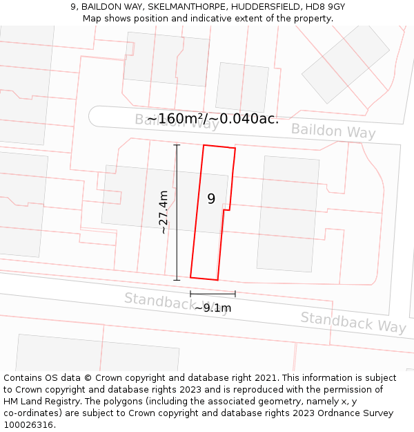 9, BAILDON WAY, SKELMANTHORPE, HUDDERSFIELD, HD8 9GY: Plot and title map
