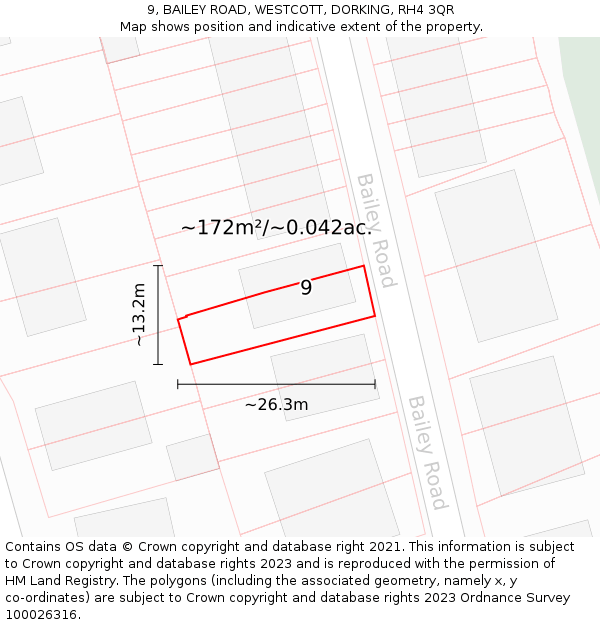 9, BAILEY ROAD, WESTCOTT, DORKING, RH4 3QR: Plot and title map