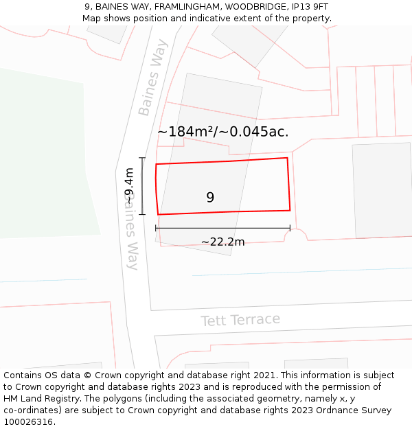 9, BAINES WAY, FRAMLINGHAM, WOODBRIDGE, IP13 9FT: Plot and title map