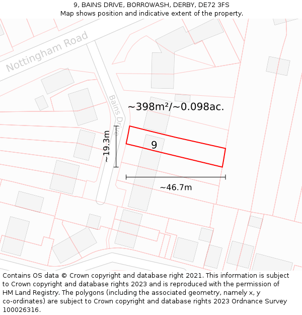 9, BAINS DRIVE, BORROWASH, DERBY, DE72 3FS: Plot and title map