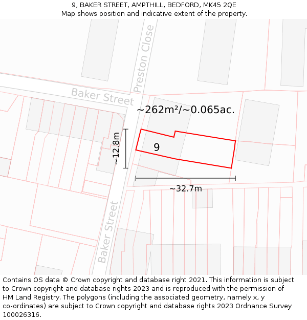 9, BAKER STREET, AMPTHILL, BEDFORD, MK45 2QE: Plot and title map