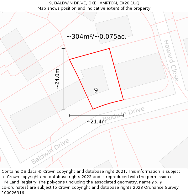 9, BALDWIN DRIVE, OKEHAMPTON, EX20 1UQ: Plot and title map