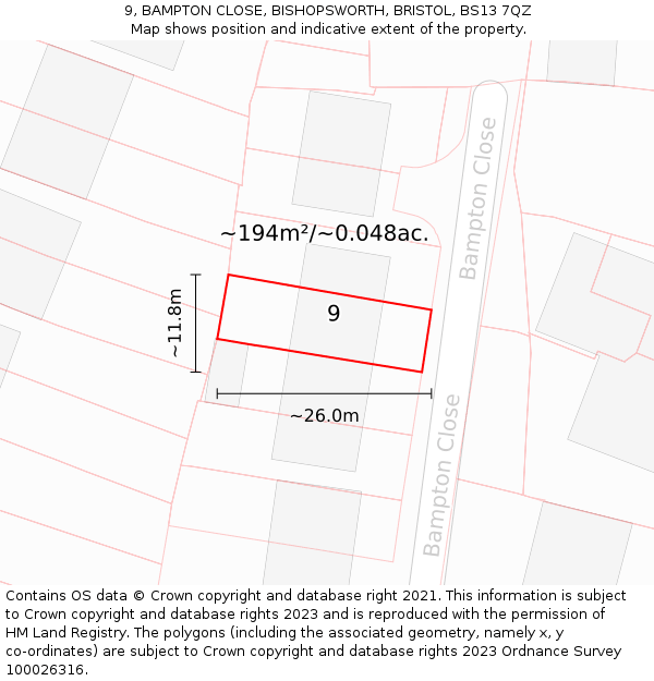 9, BAMPTON CLOSE, BISHOPSWORTH, BRISTOL, BS13 7QZ: Plot and title map