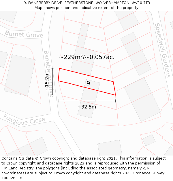 9, BANEBERRY DRIVE, FEATHERSTONE, WOLVERHAMPTON, WV10 7TR: Plot and title map