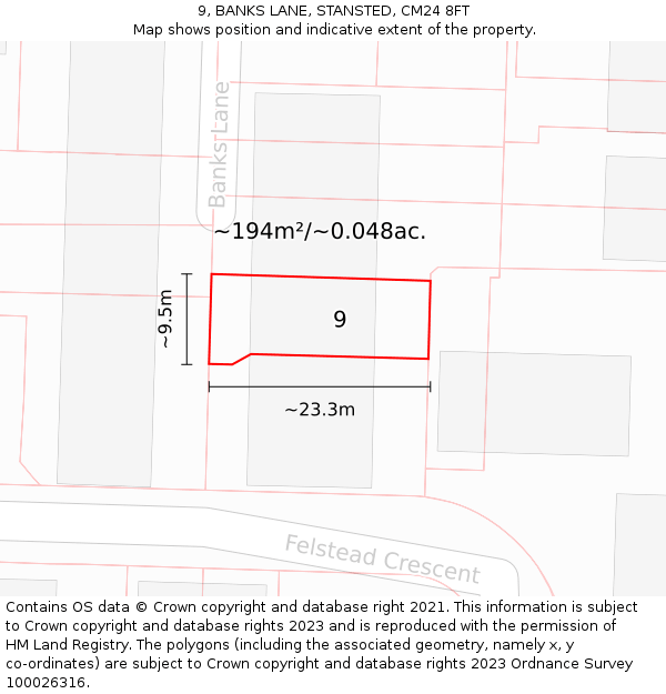 9, BANKS LANE, STANSTED, CM24 8FT: Plot and title map