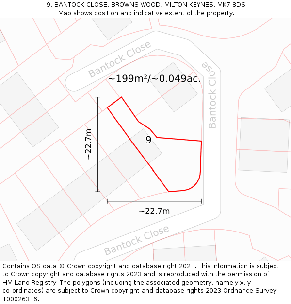 9, BANTOCK CLOSE, BROWNS WOOD, MILTON KEYNES, MK7 8DS: Plot and title map