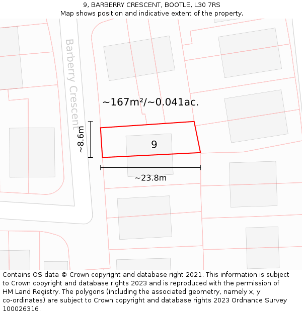 9, BARBERRY CRESCENT, BOOTLE, L30 7RS: Plot and title map