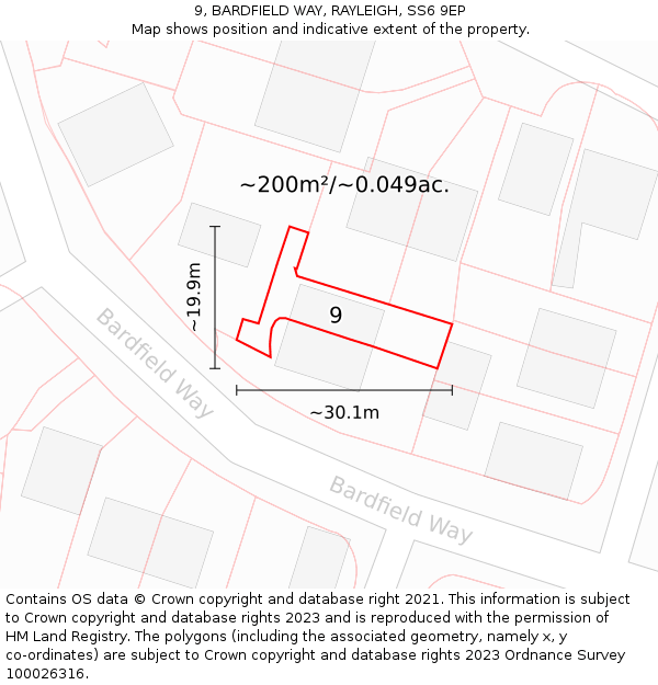 9, BARDFIELD WAY, RAYLEIGH, SS6 9EP: Plot and title map