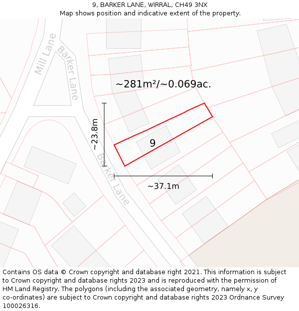 9, BARKER LANE, WIRRAL, CH49 3NX: Plot and title map