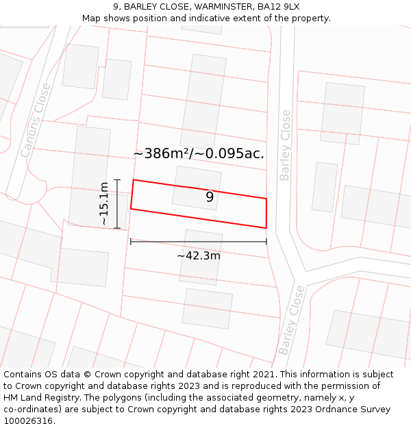 9, BARLEY CLOSE, WARMINSTER, BA12 9LX: Plot and title map