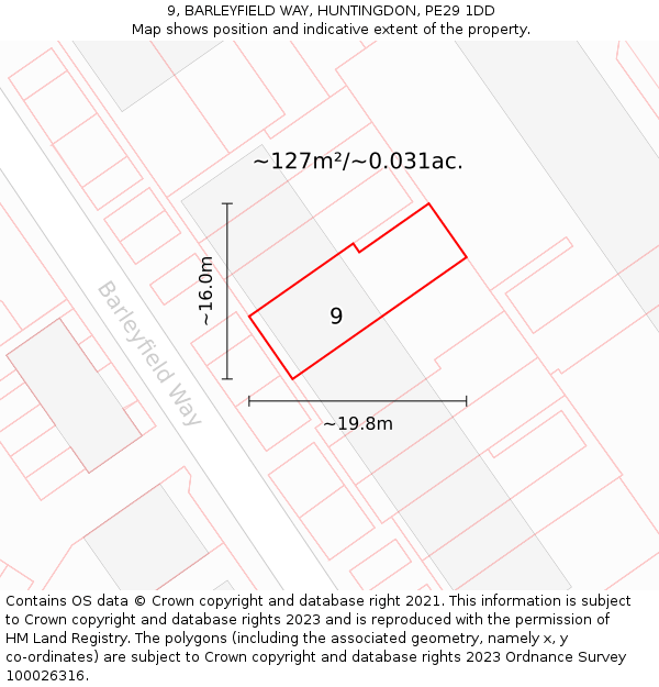 9, BARLEYFIELD WAY, HUNTINGDON, PE29 1DD: Plot and title map