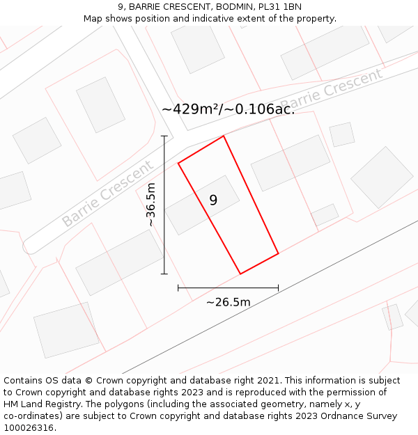 9, BARRIE CRESCENT, BODMIN, PL31 1BN: Plot and title map