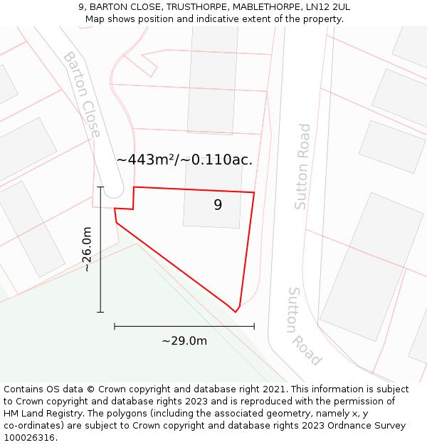 9, BARTON CLOSE, TRUSTHORPE, MABLETHORPE, LN12 2UL: Plot and title map