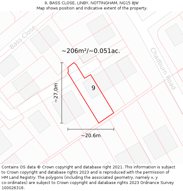 9, BASS CLOSE, LINBY, NOTTINGHAM, NG15 8JW: Plot and title map