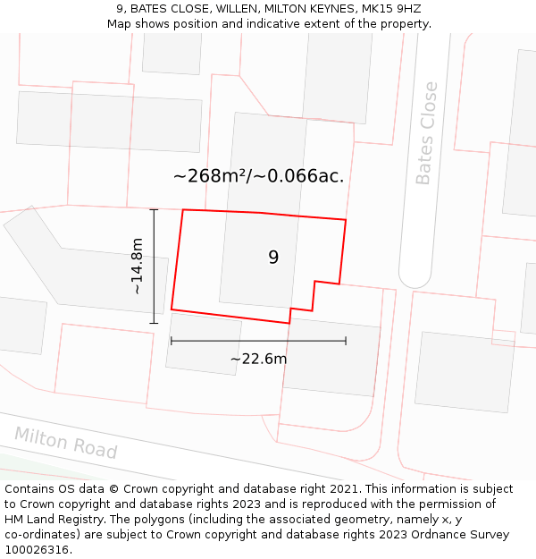9, BATES CLOSE, WILLEN, MILTON KEYNES, MK15 9HZ: Plot and title map