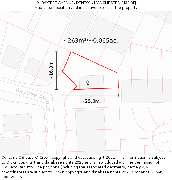 9, BAYTREE AVENUE, DENTON, MANCHESTER, M34 3FJ: Plot and title map
