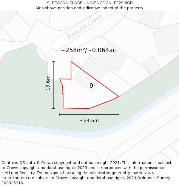 9, BEACON CLOSE, HUNTINGDON, PE29 6GB: Plot and title map