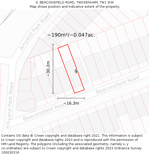 9, BEACONSFIELD ROAD, TWICKENHAM, TW1 3HX: Plot and title map