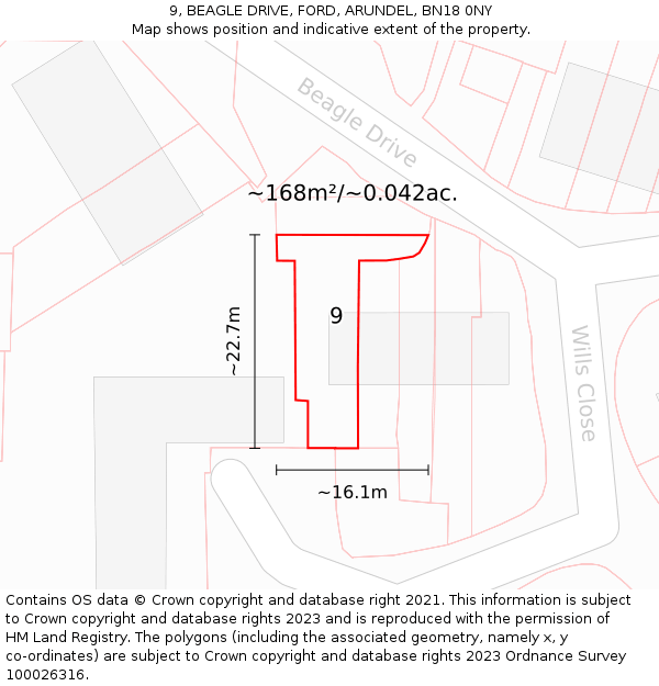 9, BEAGLE DRIVE, FORD, ARUNDEL, BN18 0NY: Plot and title map
