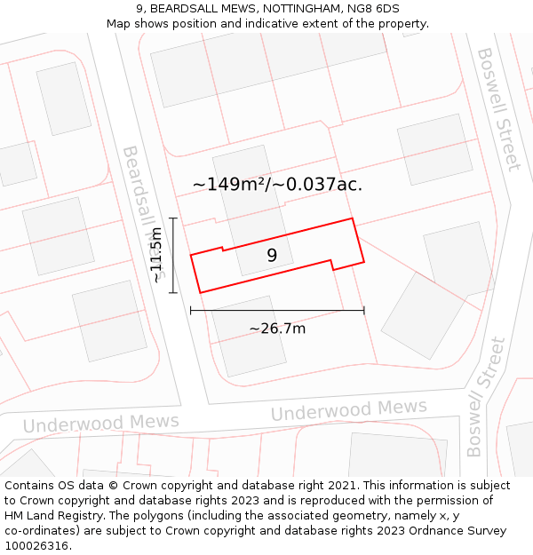 9, BEARDSALL MEWS, NOTTINGHAM, NG8 6DS: Plot and title map