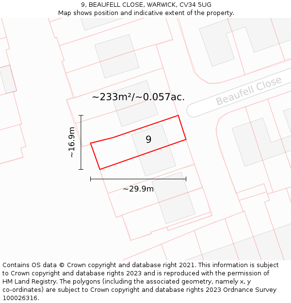 9, BEAUFELL CLOSE, WARWICK, CV34 5UG: Plot and title map