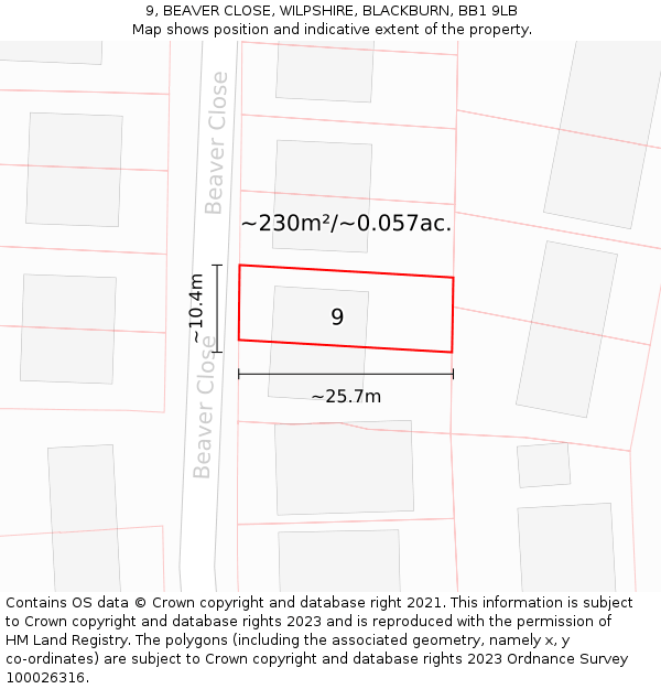 9, BEAVER CLOSE, WILPSHIRE, BLACKBURN, BB1 9LB: Plot and title map