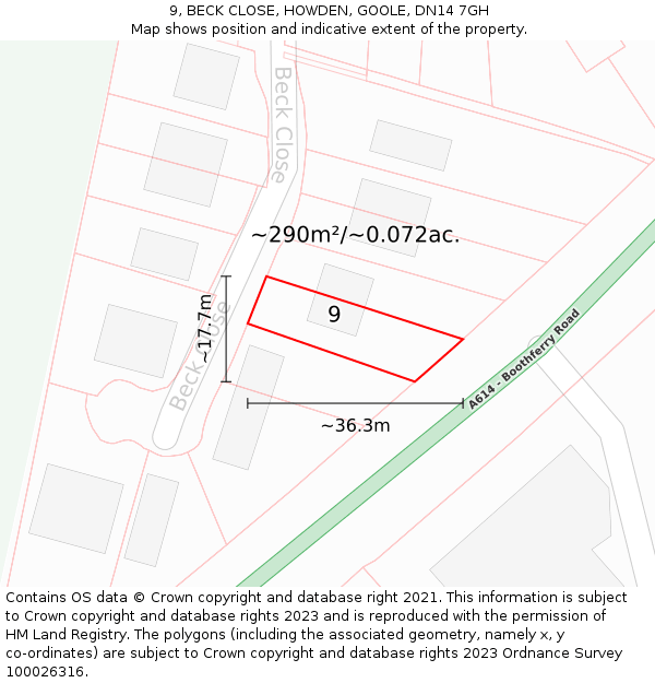 9, BECK CLOSE, HOWDEN, GOOLE, DN14 7GH: Plot and title map