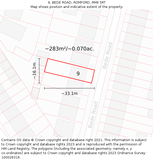 9, BEDE ROAD, ROMFORD, RM6 5RT: Plot and title map