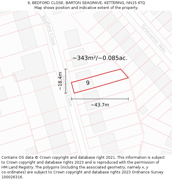 9, BEDFORD CLOSE, BARTON SEAGRAVE, KETTERING, NN15 6TQ: Plot and title map