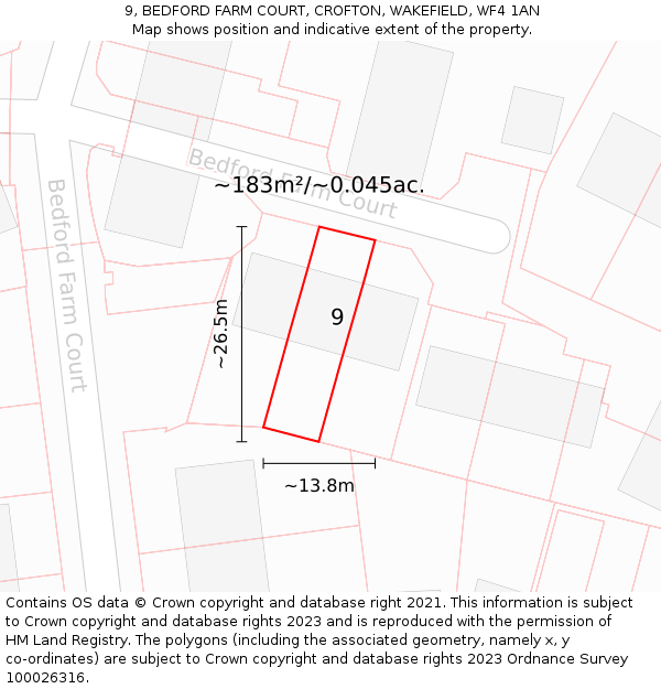 9, BEDFORD FARM COURT, CROFTON, WAKEFIELD, WF4 1AN: Plot and title map