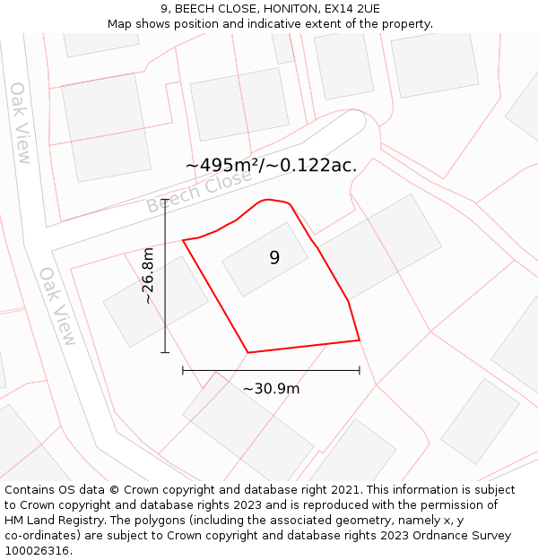 9, BEECH CLOSE, HONITON, EX14 2UE: Plot and title map