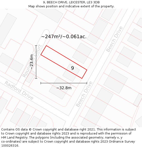 9, BEECH DRIVE, LEICESTER, LE3 3DB: Plot and title map