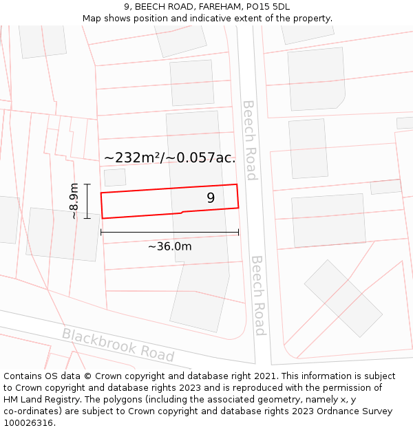 9, BEECH ROAD, FAREHAM, PO15 5DL: Plot and title map