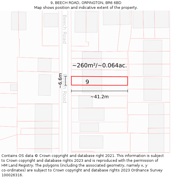 9, BEECH ROAD, ORPINGTON, BR6 6BD: Plot and title map
