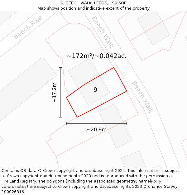 9, BEECH WALK, LEEDS, LS9 6QR: Plot and title map