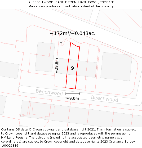 9, BEECH WOOD, CASTLE EDEN, HARTLEPOOL, TS27 4FF: Plot and title map