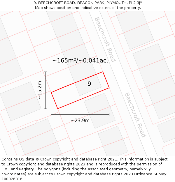 9, BEECHCROFT ROAD, BEACON PARK, PLYMOUTH, PL2 3JY: Plot and title map