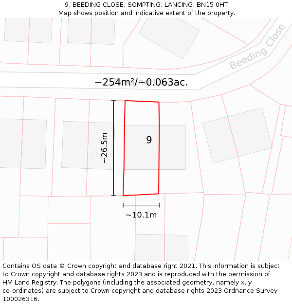 9, BEEDING CLOSE, SOMPTING, LANCING, BN15 0HT: Plot and title map