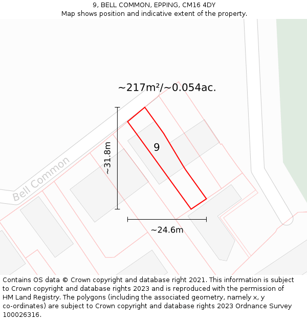 9, BELL COMMON, EPPING, CM16 4DY: Plot and title map