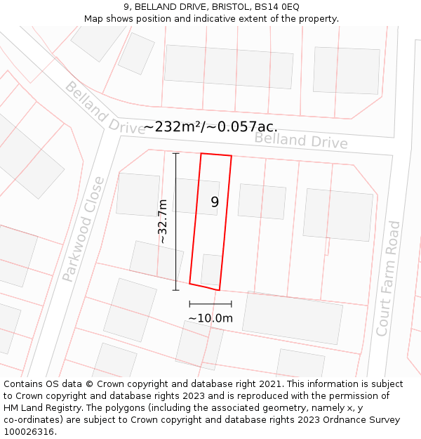 9, BELLAND DRIVE, BRISTOL, BS14 0EQ: Plot and title map